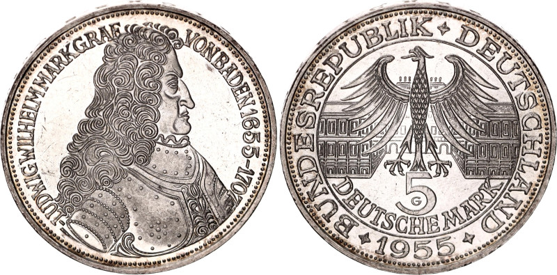 Germany - FRG 5 Deutsche Mark 1955 G

KM# 115, N# 10075; Silver; 300th Anniver...