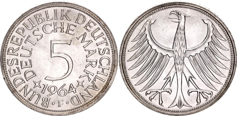Germany - FRG 5 Deutsche Mark 1964 F

KM# 112.1, J# 387, N# 1933; Silver; UNC ...