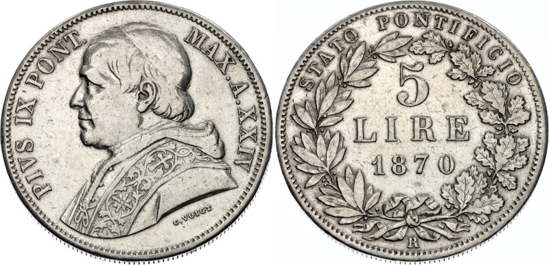 Italian States Papal States 5 Lire 1870 R (XXIV)

KM# 1385, N# 18111; Silver; ...