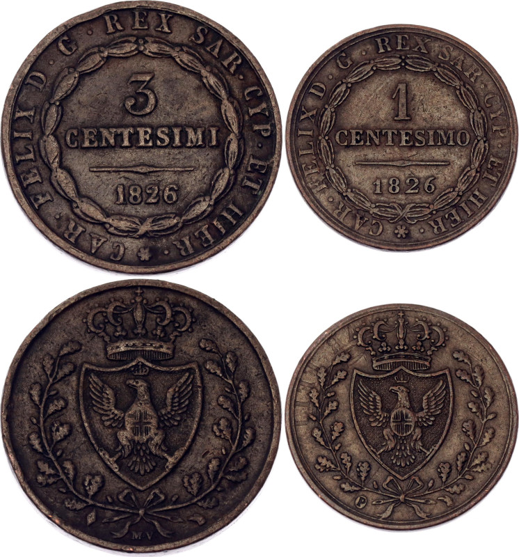 Italian States Sardinia 1 - 3 Centesimi 1826 P

KM# 125.1, 126.1; Copper; Carl...