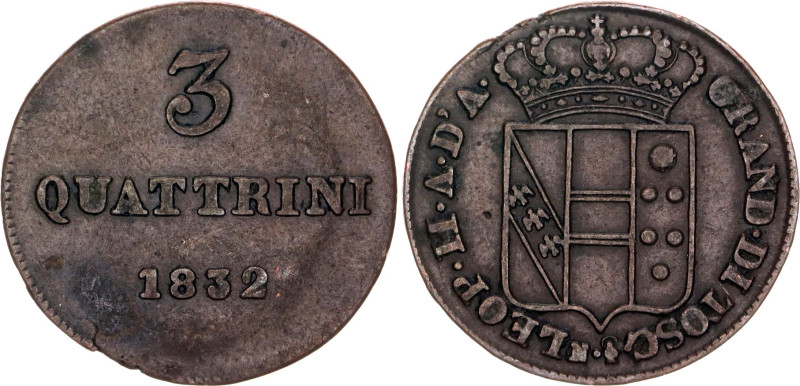 Italian States Tuscany 3 Quattrini 1832

C# 64, N# 31299; Copper; Leopold II; ...