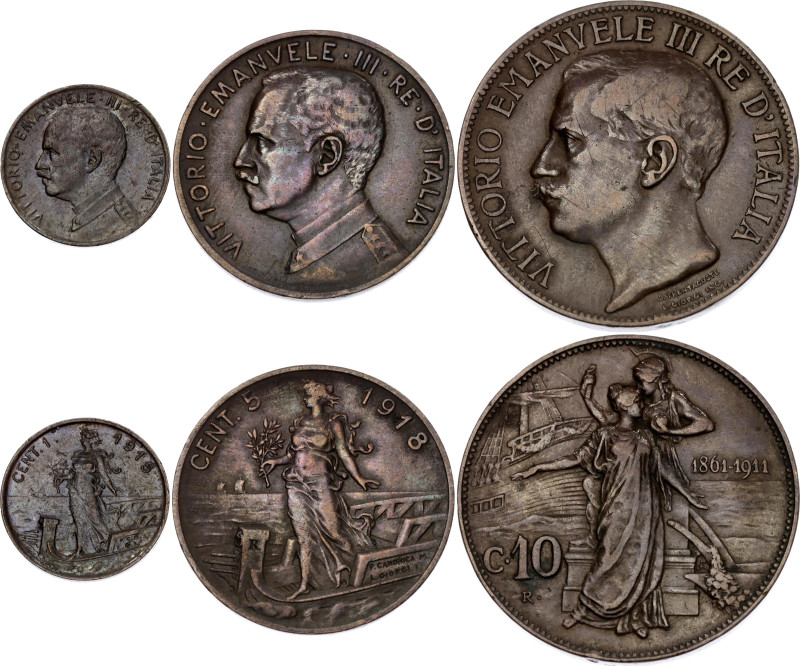 Italy 1 - 5 - 10 Centesimi 1911 - 1918 R

KM# 40, 42, 51; Copper; Vittorio Ema...