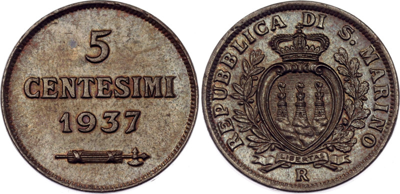 San Marino 5 Centesimi 1937 R

KM# 12, N# 9701; Bronze; Rome Mint; UNC