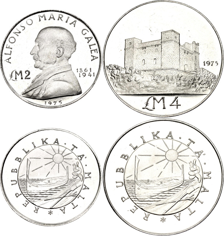 Malta 2 - 4 Liri 1975

KM# 31, 33; Silver, Proof; Alfonso Maria Galea & St. Ag...