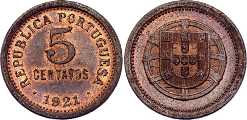 Portugal 5 Centavos 1921

KM# 569, N# 11149; Bronze; Lisbon Mint; UNC with red...