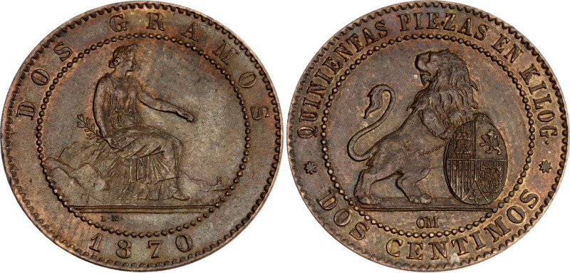 Spain 2 Centimos 1870 OM

KM# 661, N# 4242; Bronze; Provisional Government; UN...