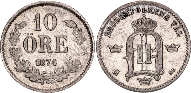 Sweden 10 Ore 1874 ST

KM# 737, N# 10722; Silver; Oscar II; XF