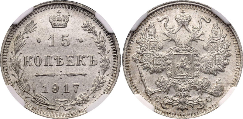 Russia 15 Kopeks 1917 ВС NGC MS65

Bit# 144; Silver