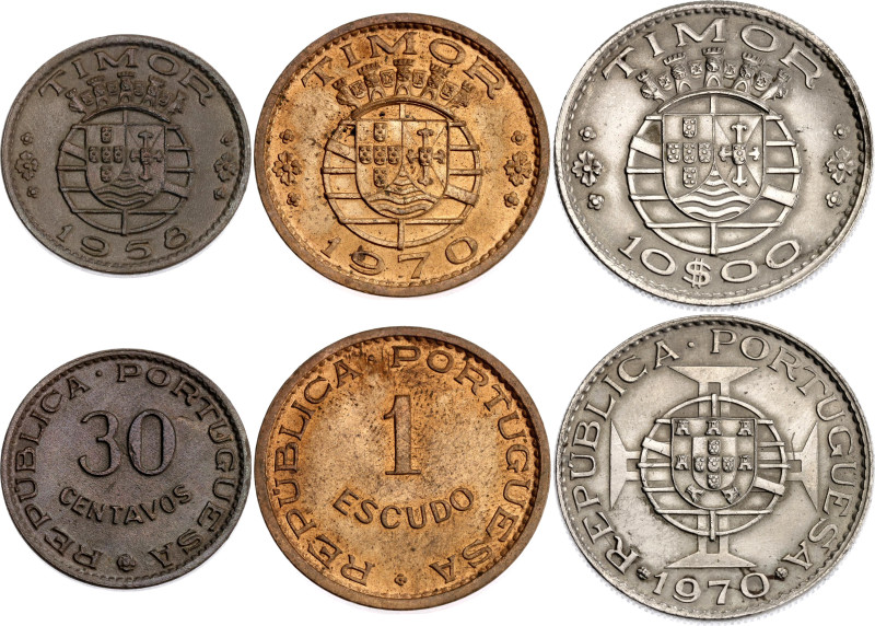 East Timor 30 Centavos - 1 - 10 Escudos 1958 - 1970

KM# 11, 19, 22; Bronze & ...