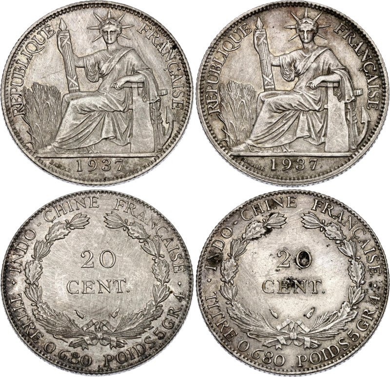 French Indochina 2 x 20 Centimes 1937

KM# 17.2, N# 10064; Silver; Paris Mint;...