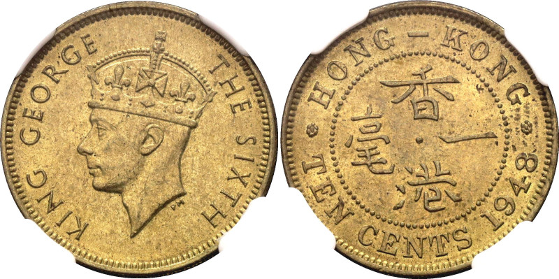 Hong Kong 10 Cents 1948 NGC MS64

KM# 25, N# 1575; Bronze; George VI; UNC with...