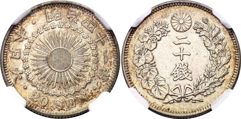 Japan 20 Sen 1908 (41) NGC MS62

Y# 30, N# 4433; Silver; Meiji (Mutsuhito)