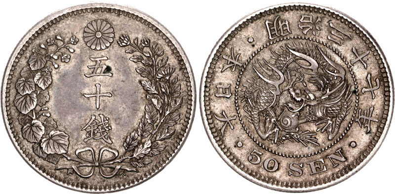 Japan 50 Sen 1904 (37)

Y# 25, JNDA# 01-14, N# 14249; Reeded Edge; Silver 13.4...