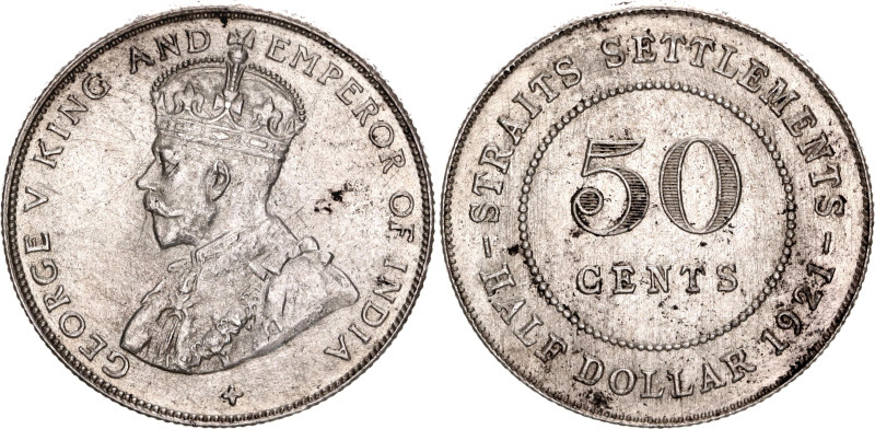 Straits Settlements 50 Cents 1921

KM# 35.1, N# 12778; Cross below bust; Silve...