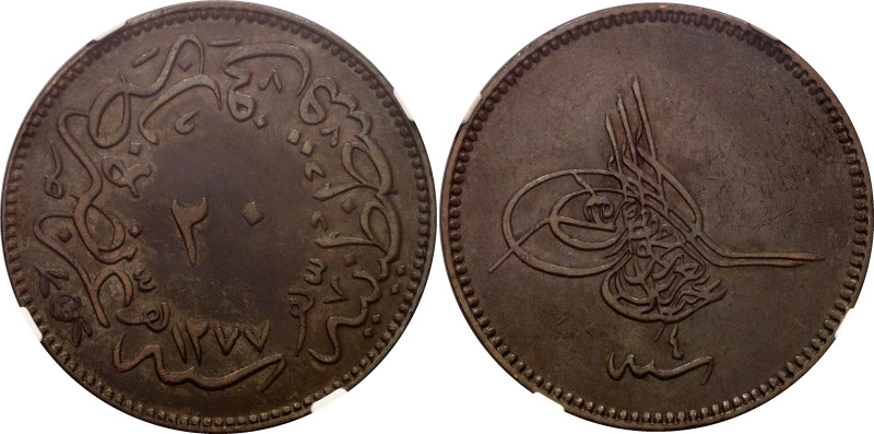 Egypt 20 Para 1863 AH 1277 //4 NGC AU53 BN

KM# 244, N# 22366; Bronze; Abdulaz...