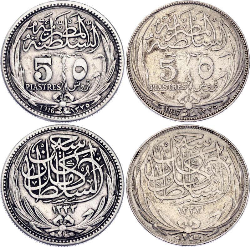 Egypt 2 x 5 Piastres 1916 - 1917 AH 1335

KM# 318, N# 15843; Silver; Hussein K...