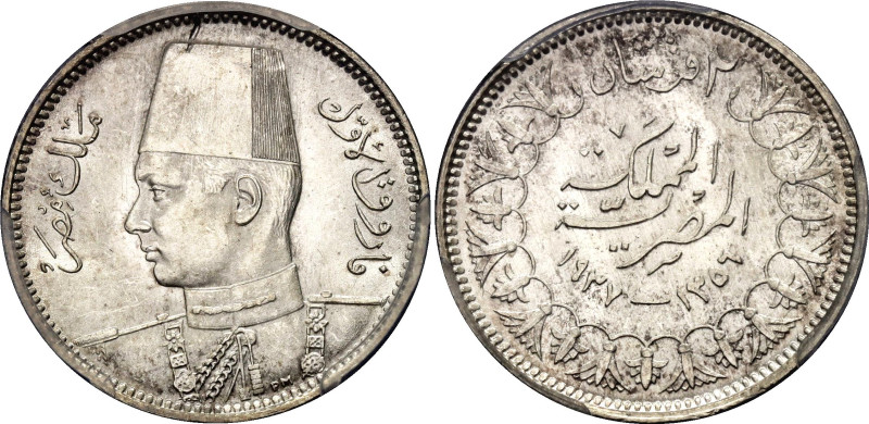 Egypt 2 Piastres 1937 AH 1356 PCGS MS64

KM# 365, N# 8864; Silver; Farouk I