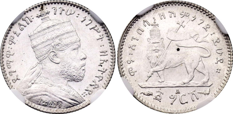 Ethiopia 1 Ghersh 1903 A EE 1895 NGC MS64

KM# 12, N# 11934; Silver; Menelik I...