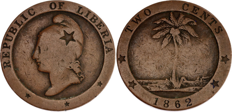 Liberia 2 Cents 1862

KM# 4, N# 64311; Copper; F