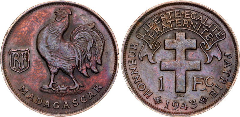 Madagascar 1 Franc 1943

KM# 2, Lec# 94, N# 1851; Bronze; XF with a beautiful ...