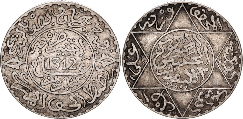 Morocco 2-1/2 Dirhams 1895 AH 1312

Y# 6, N# 26991; Silver; Moulay al-Hasan I;...