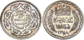 Tunisia 5 Francs 1939 AH 1358