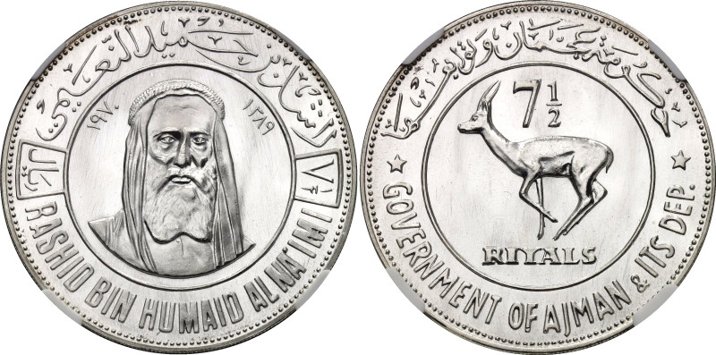 United Arab Emirates Ajman 7-1/2 Riyals 1970 AH 1389 NGC MS 68

KM# 7, Schön# ...