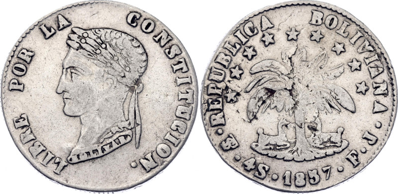 Bolivia 4 Soles 1857 PTS FJ Planchet Flaw Error

KM# 123.2, N# 23934; Silver; ...