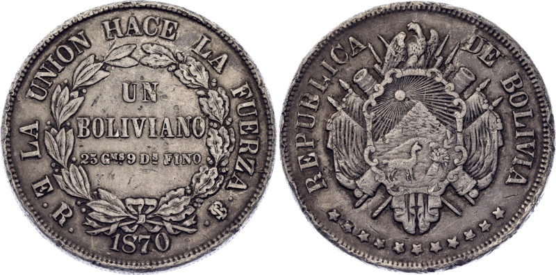 Bolivia 1 Boliviano 1870 PTS ER

KM# 155.3, N# 23868; Silver; Potosi Mint; Lin...