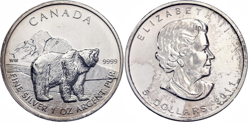 Canada 5 Dollars 2011

KM# 1109, N# 19876; Silver; Elizabeth II; Grizzly Bear;...