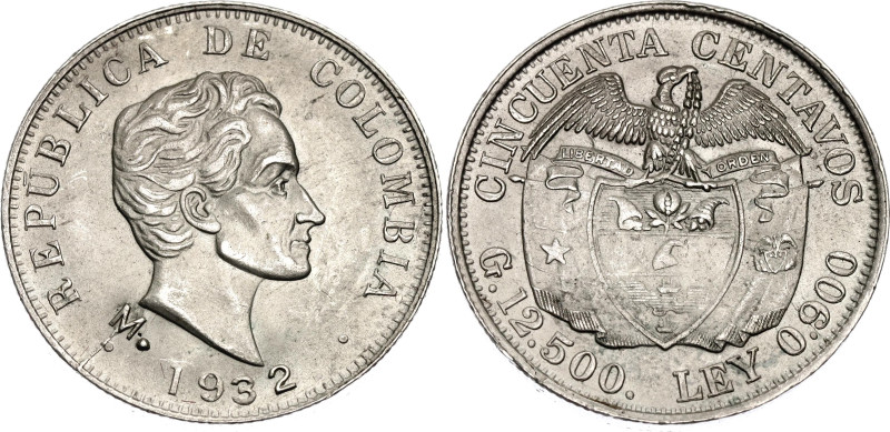 Colombia 50 Centavos 1932 M

KM# 193.2, N# 20273; Silver; Medellin Mint; UNC w...