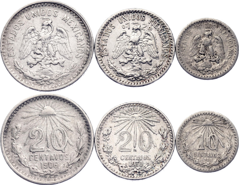 Mexico 10 - 20 - 20 Centavos 1906 - 1930 M

KM# 429, 435, 438; Silver; Mexico ...