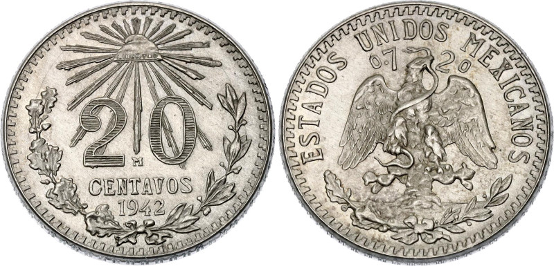 Mexico 20 Centavos 1942 M

KM# 438, N# 5566; Silver; Mexico Mint; UNC with ful...