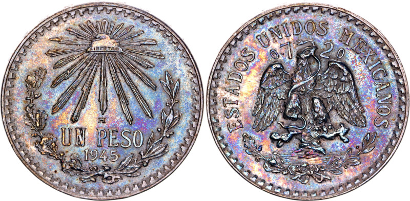 Mexico 1 Peso 1945 M

KM# 455, N# 4382; Silver; AUNC/UNC with an artificial pa...