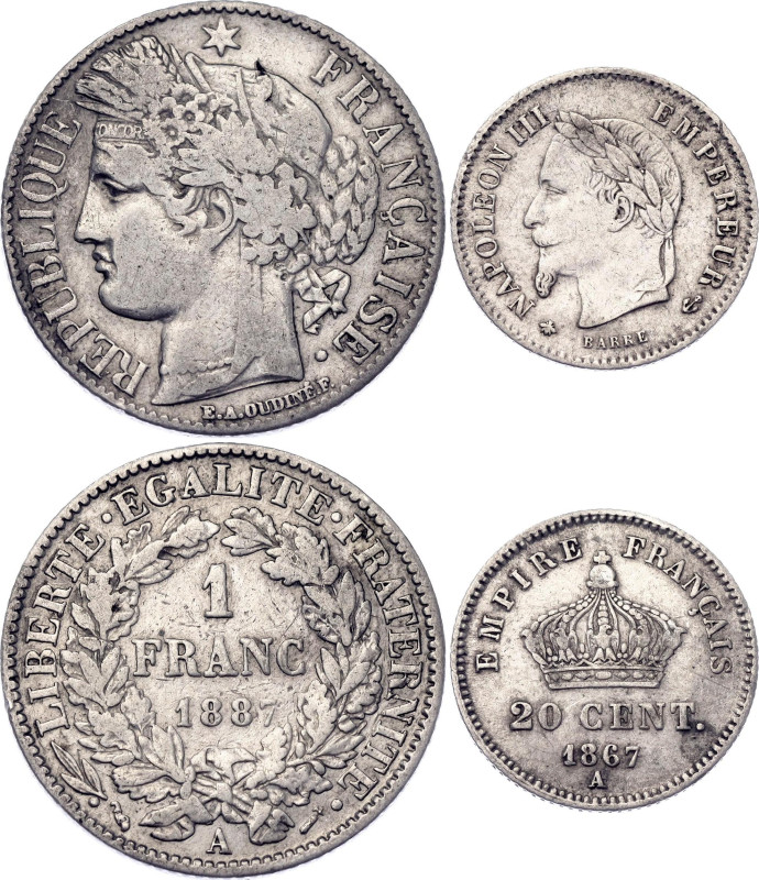 France 20 Centimes - 1 Franc 1867 - 1887 A

KM# 808.1, 822.1; Silver; Paris Mi...