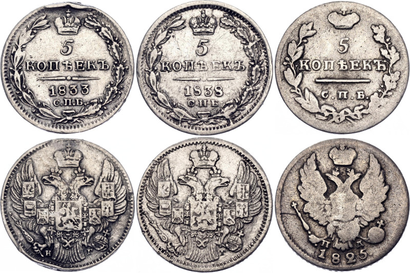Russia 3 x 5 Kopeks 1825 - 1838

Bit# 281, 386, 391; Silver; F-VF