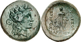THRAKIEN. 
STÄDTE. 
MARONEIA (b. Maronia). AE-Obolos 27/28mm (nach 145 v.Chr.) 10,39g. Kopf des Dionysos mit Efeukranz n. r. / DIONUSOU SWTHROS MARW...