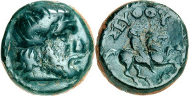 THRAKIEN. 
KÖNIGREICH. 
Seuthes III., König der Odrysen 326-295 v. Chr. AE-Tetrachalkon 19mm 6,17g. Bärtiger Kopf (Zeus?) n.r. / SEUQOU Reiter hoch ...
