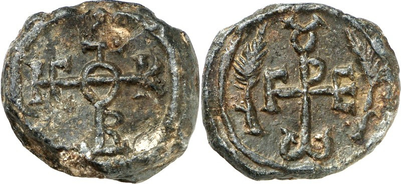 BYZANTINISCHE BLEISIEGEL. 
Georgios 705/717. Bleisiegel 19/21,5mm 13,22g. Kreuz...