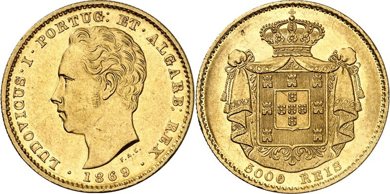 PORTUGAL. 
Ludwig I. 1861-1889. 5000 Reis 1869 Kopf n.l. / Wappen auf gekr. Man...