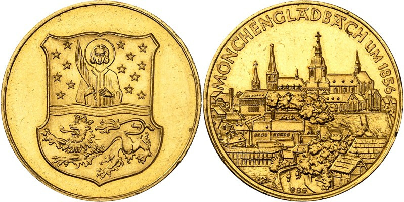 STÄDTE. 
MÖNCHENGLADBACH. 
Medaille o.J. Stadtwappen / Stadtansicht, Au-20mm 4...