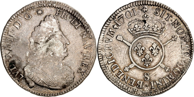 FRANKREICH. 
Louis XIV. 1643-1715. 1/2 Ecu aux insignes 1701 S Reims. Brb. n.r....