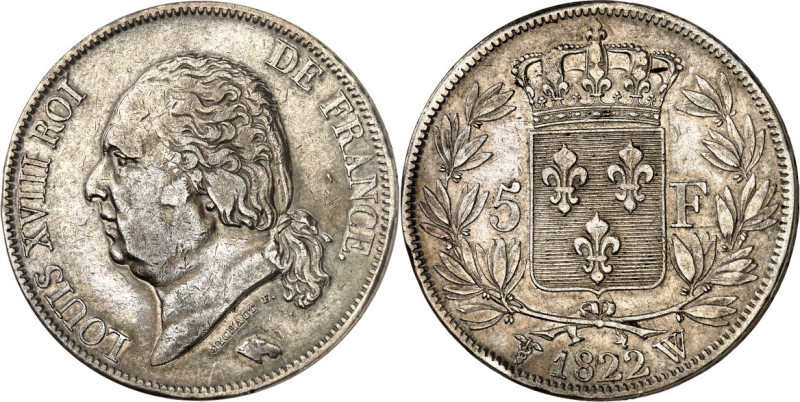 FRANKREICH. 
Louis XVIII. 1814-1824. 5 Francs 1822 W, Lille. Gad. 621, KM 711.1...