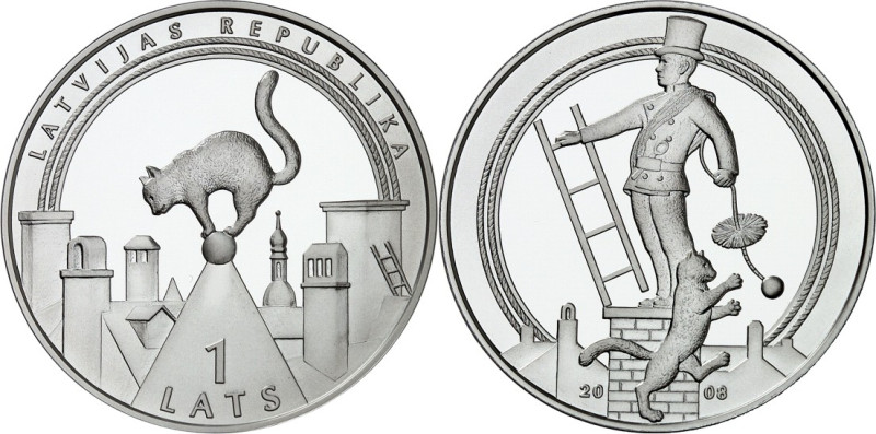 LETTLAND (LATVIA). 
Erste Republik. 
1 Lats 2007 Ag Glücksmünze, Katze. KM&nbs...