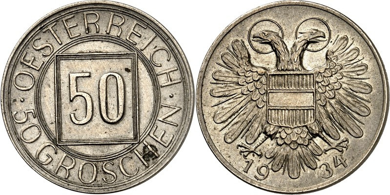 ÖSTERREICH. 
1. Republik 1918-1938. 50 Groschen 1934 Cu-Ni "Nachtschilling ". J...