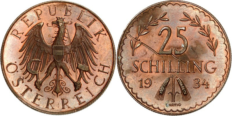 ÖSTERREICH. 
1. Republik 1918-1938. Probe 25 Schilling 1934 Cu. (v. Hartig) für...