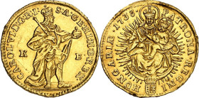 Römisch Deutsches Reich. 
Karl VI. 1711-1740. Dukat 1738 K-B, Kremnitz für Ungarn. Karl steht im Ornat n.r.&nbsp;/ Patrona Hungariae. Her. 165. . 
...