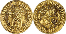 Brandenburg/-Franken. 
Friedrich und Sigismund 1486-1495. Goldgulden o.J. Schwabach. Johanner der Täufer steht v.v.&nbsp;/ Jerusalemkreuz mit vier Wa...