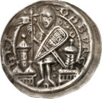 Brandenburg- Markgrafschaft. 
Otto I. 1157-1184. Brakteat 0,95g, Brandenburg. Markgraf steht mit Banner,Schwert und Schild v.v. zw. 2 Türmen. BRA-N-d...