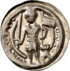 Brandenburg- Markgrafschaft. 
Otto II. 1184-1205. Brakteat 0,93g Brandenburg.OTTO-MARCIO Stehender Markgraf mit Schwert und Fahne, r. Zinnenturm. Ber...